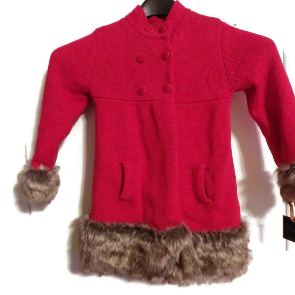 NWT Girls Christian Soriano Red Knit Coat Jacket Faux Fur Trim SZ 5-6